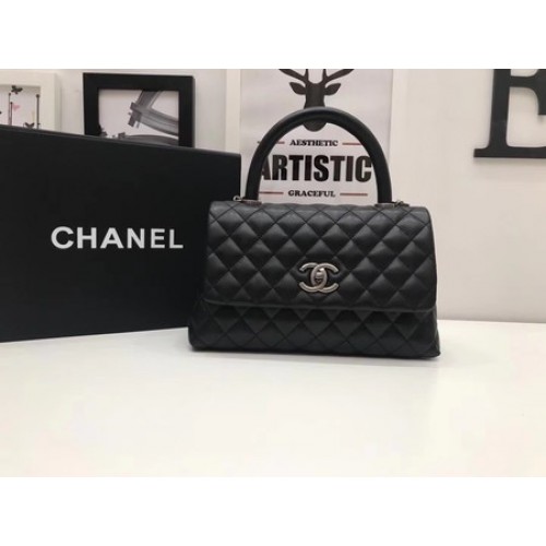 Chanel Classic Top Handle Bag Schwarz Original Leder A92991 Silber