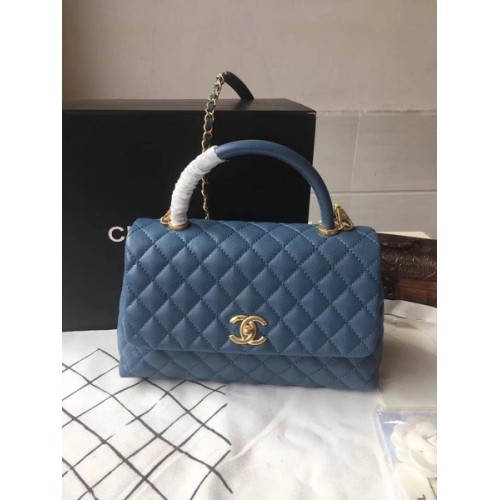Chanel Classic Top Handle Bag Blau Original Leder A92292 Gold