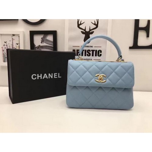Chanel Classic Top Handle Bag Blaues Schafsleder A92991 Gold