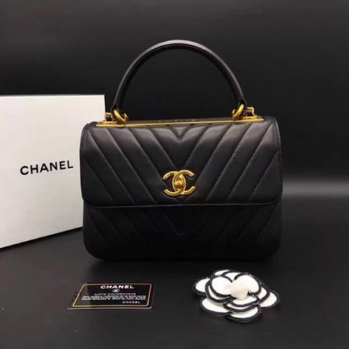 Chanel Classic Top Handle Bag Chevron Schaffell Leder CHA2371 Schwarz