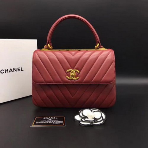 Chanel Classic Top Handle Bag Chevron Schaffell Leder CHA2371 Rot