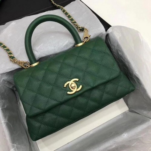 Chanel Classic Top Handle Bag Green Cannage Muster A92290 Gold