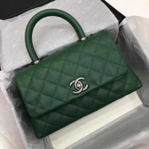 Chanel Classic Top Handle Bag Green Cannage Muster A92290 Silber