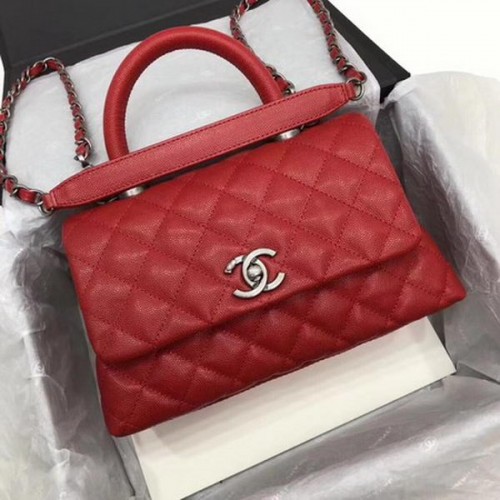 Chanel Classic Top Handle Bag Red Cannage Muster A92290 Silber