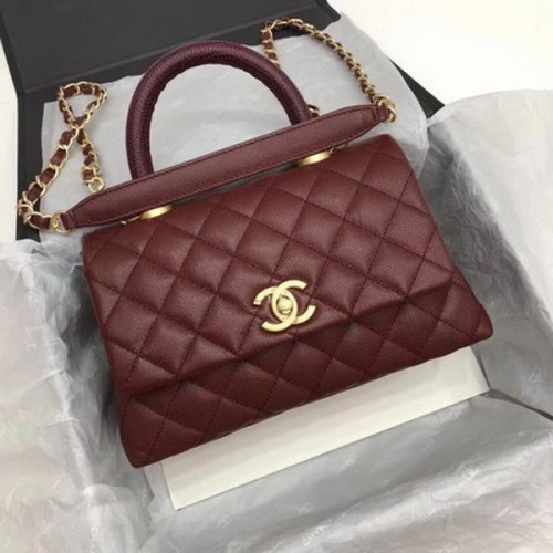 Chanel Classic Top Handle Bag Wein Cannage Muster A92290 Gold