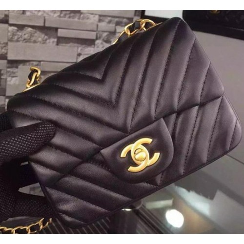 Chanel Classic Mini Flap Bag Schwarz Chevron Schaffell Leder A68748 Gold