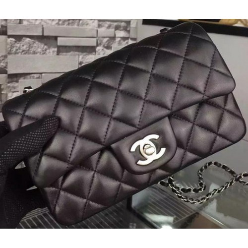 Chanel Classic Mini Flap Bag Schwarzes Schafsleder A67350 Silber