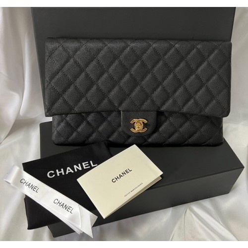 Chanel Clutch Bag Schwarzes Kaviarleder 7013 Gold