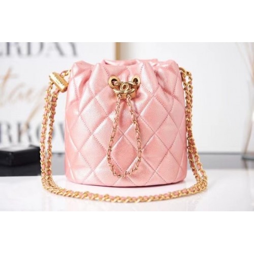 Chanel Tasche mit Kordelzug Genarbtes Kalbsleder Gold Metall AS2859 rosa