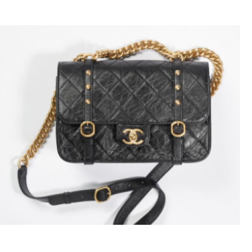 Chanel FLAP BAG Kalbsleder im Alter von goldfarbenem Metall AS2696 Schwarz