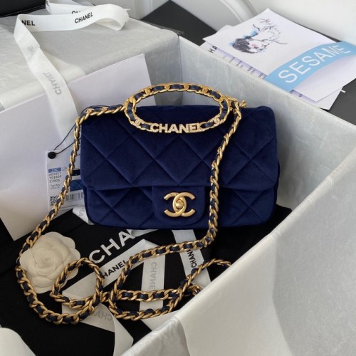 Chanel FLAP BAG Samt goldfarbenes Metall AS3451 blau