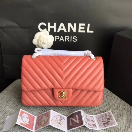 Chanel Flap Original Lammleder-Umhängetasche 1112V Wassermelonen-Rotgoldkette