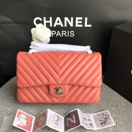Chanel Flap Original Lammleder-Umhängetasche 1112V Wassermelonenrote Silberkette
