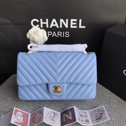 Chanel Flap Original Schaffell Umhängetasche 1112V Hellblaue Goldkette