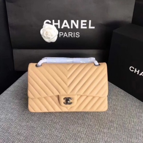 Chanel Flap Umhängetasche Aprikose Original Schafsleder CF1112V Silber