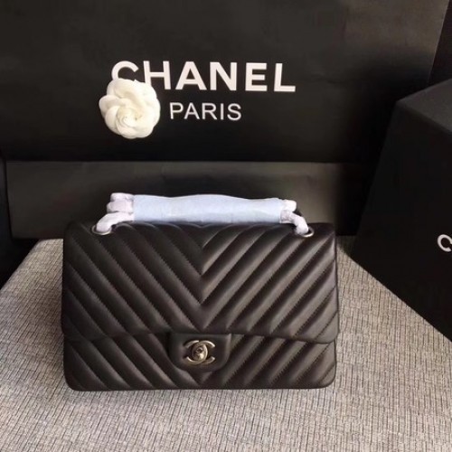 Chanel Flap Umhängetasche Schwarz Original Schafsleder CF1112V Silber