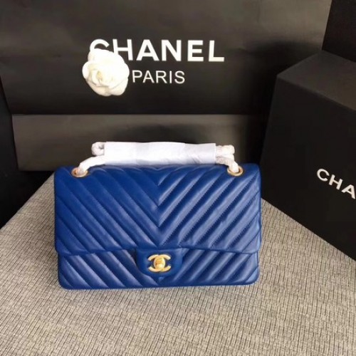 Chanel Flap Umhängetasche Blau Original Schafsleder CF1112V Gold