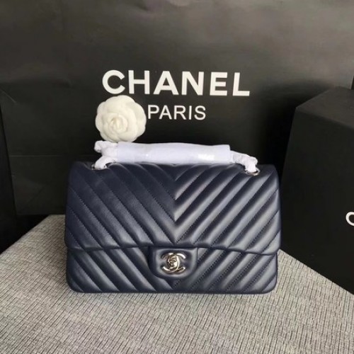 Chanel Flap Umhängetasche Dunkelblau Original Schafsleder CF1112V Silber
