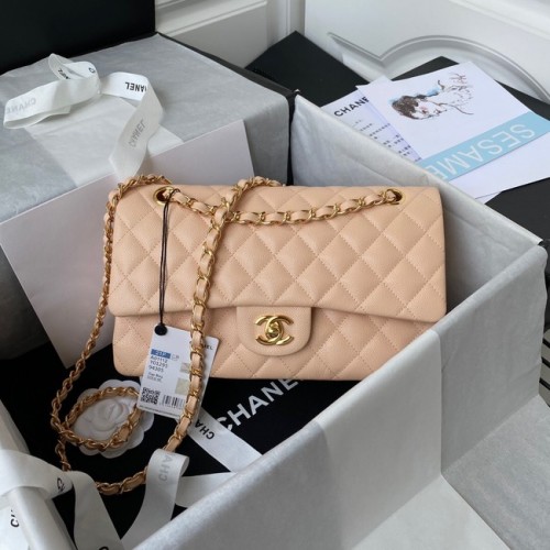 Chanel Flap Umhängetasche genarbtes Kalbsleder A01112 goldfarbenes Metall Apricot