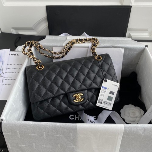 Chanel Flap Umhängetasche genarbtes Kaviarleder A01112 goldfarbenes Metall schwarz