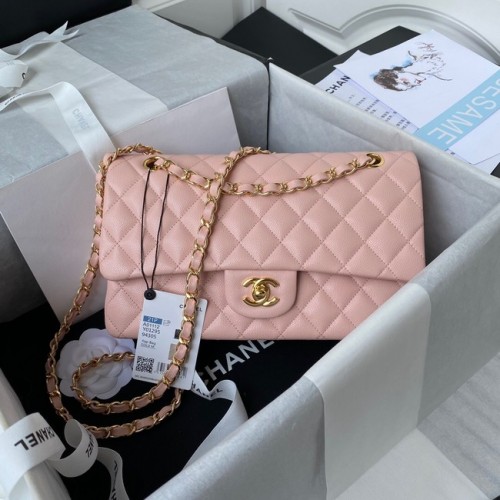 Chanel Flap Shoulder Bag Genarbtes Kalbsleder A01112 goldfarbenes Metall rosa