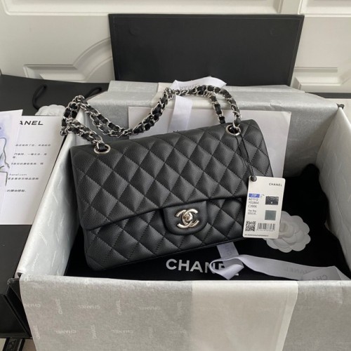 Chanel Flap Shoulder Bag Genarbtes Kalbsleder A01112 silberfarbenes Metall schwarz