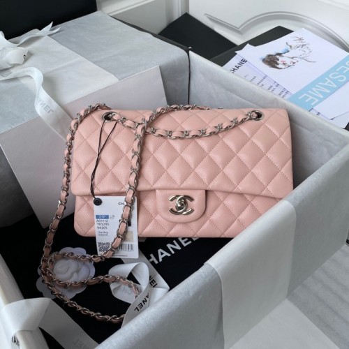 Chanel Flap Shoulder Bag Genarbtes Kalbsleder A01112 silberfarbenes Metall rosa