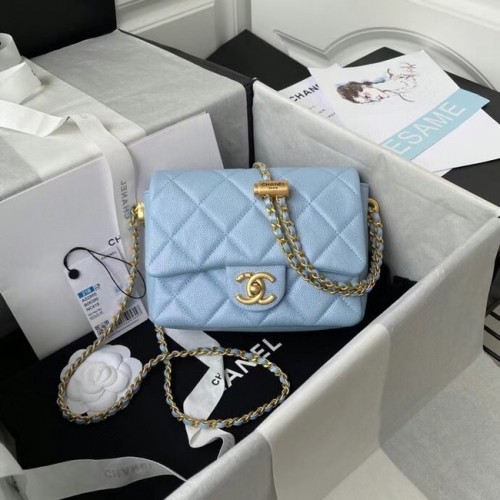 Chanel Flap Shoulder Bag genarbtes Kalbsleder AS2855 himmelblau