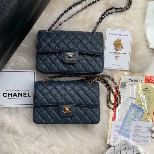 Chanel Flap Umhängetasche genarbtes Kaviarleder A01113 Dunkelblau