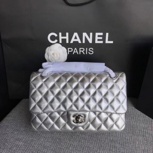 Chanel Flap Umhängetasche Original Schafsleder CF1112 Silber