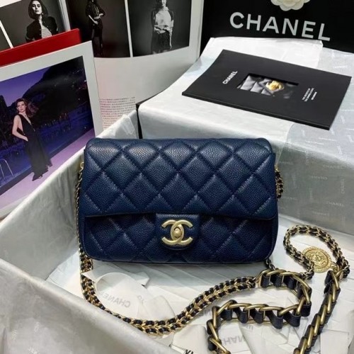Chanel Flap Umhängetasche Original Leder AS2543 dunkelblau