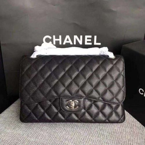 Chanel Flap Umhängetaschen Schwarz Original Kalbsleder CF1113 Silber