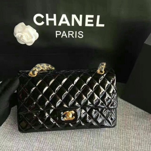 Chanel Flap Umhängetaschen Schwarz Original Lackleder CF1112 Gold