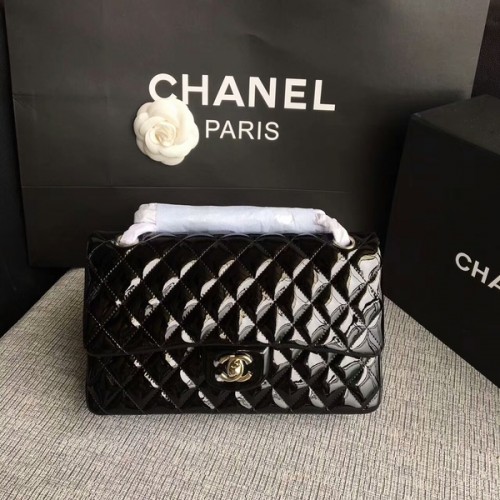 Chanel Flap Umhängetaschen Schwarz Original Lackleder CF1112 Silber