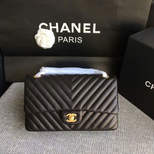 Chanel Flap Umhängetaschen Schwarz Original Schaffell CF1112 Gold
