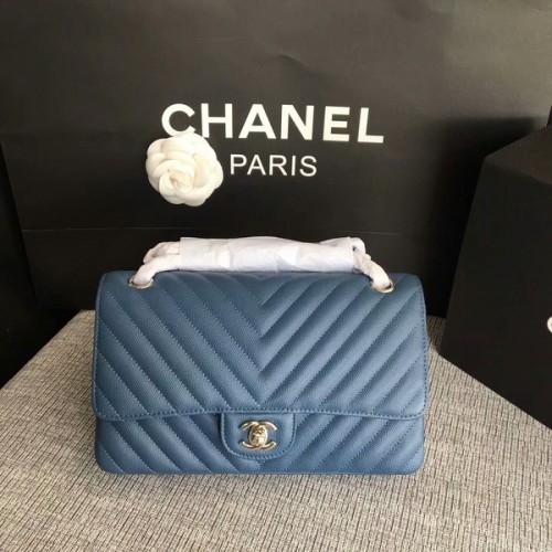 Chanel Flap Umhängetaschen Blau Original Kalbsleder CF1112 Silber