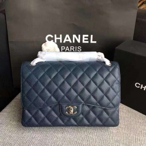 Chanel Flap Umhängetaschen Dunkelblau Original Kalbsleder CF1113 Silber