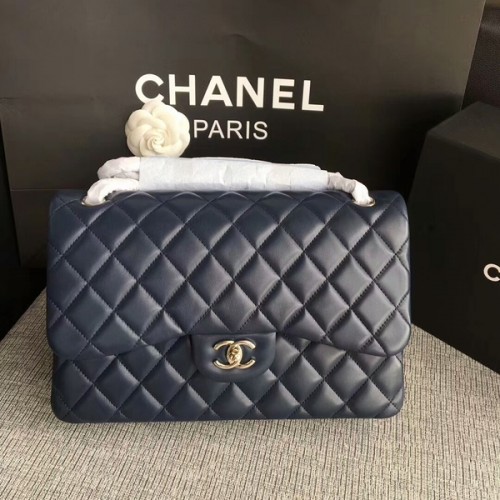 Chanel Flap Umhängetasche Dunkelblau Original Lammnappa Leder CF1113 Silber