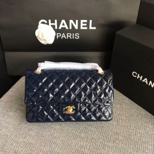 Chanel Flap Umhängetaschen Dunkelblau Original Lackleder CF1112 Gold