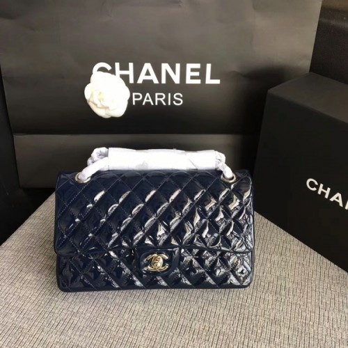 Chanel Flap Umhängetaschen Dunkelblau Original Lackleder CF1112 Silber