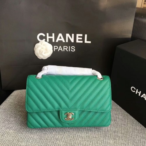 Chanel Flap Umhängetaschen Grün Original Kalbsleder CF1112 Silber