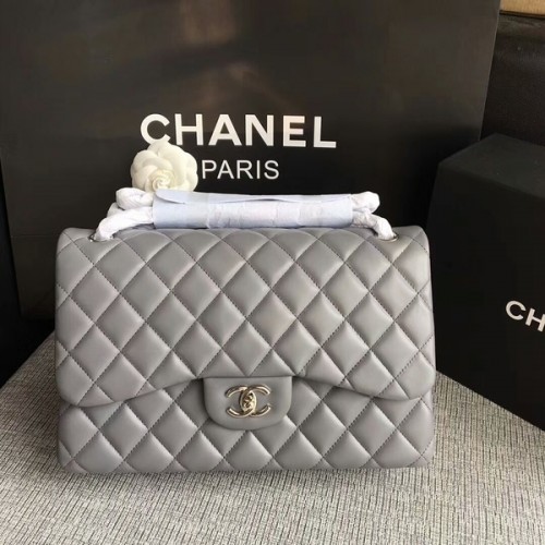 Chanel Flap Umhängetaschen Grau Original Lammleder CF1113 Silber