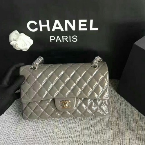 Chanel Flap Umhängetaschen Grau Original Lackleder CF1112 Silber