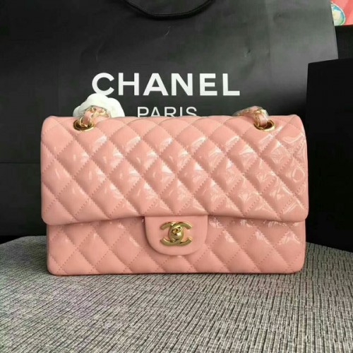 Chanel Flap Umhängetaschen Hellrosa Original Lackleder CF1112 Gold
