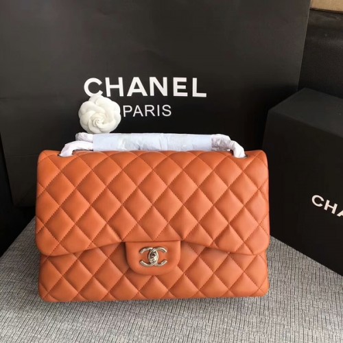 Chanel Flap Umhängetaschen Orange Original Lammleder CF1113 Silber