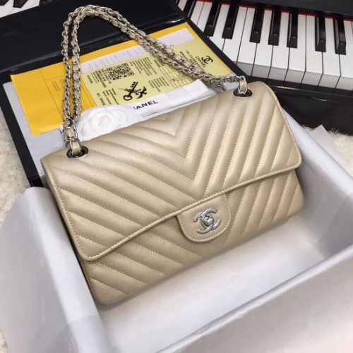 Chanel Flap Umhängetaschen Original Caviar Leather 1112V Gold Silberkette