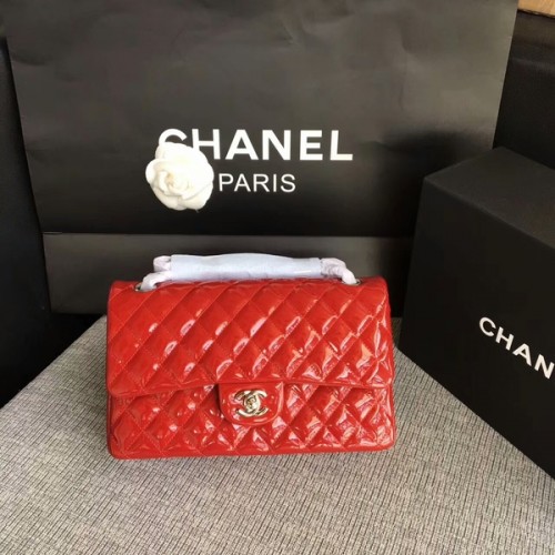 Chanel Flap Umhängetaschen Rot Original Lackleder CF1112 Silber