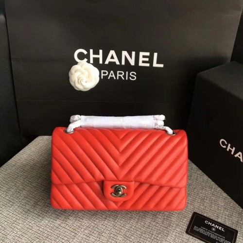 Chanel Flap Umhängetaschen Rot Original Schaffell CF1112 Silber