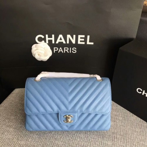 Chanel Flap Umhängetasche Himmelblau Original Kalbsleder CF1112 Silber