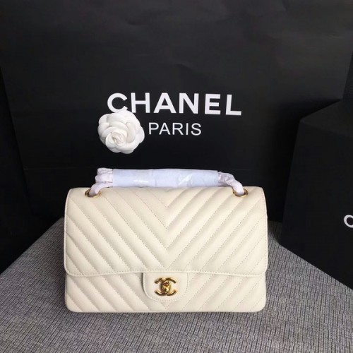 Chanel Flap Umhängetaschen Weiß Original Kalbsleder CF1112 Gold